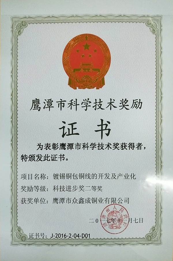 2017年市科技進(jìn)步獎二等獎（鍍錫銅包銅開發(fā)及產(chǎn)業(yè)化）